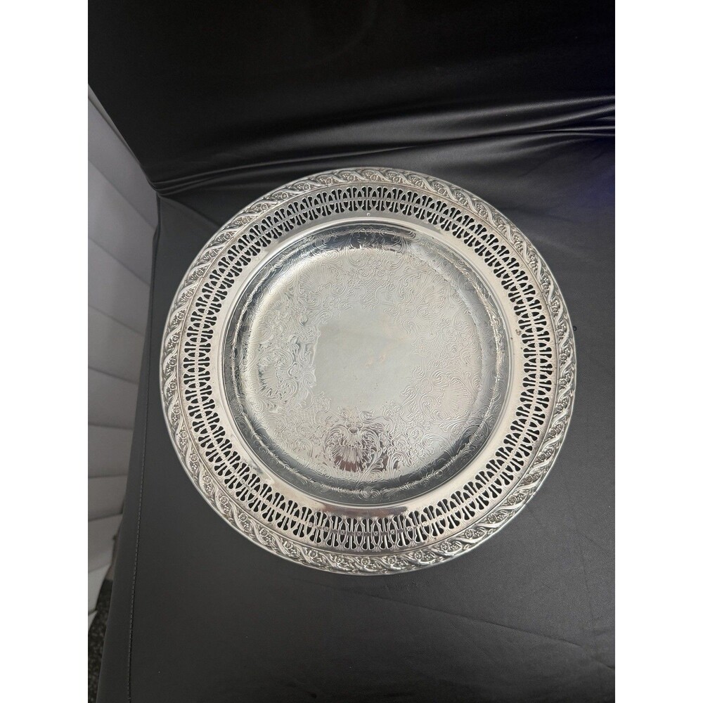 Vintage Silverplate Pierced Tray 12” – Ornate Openwork Rim Serving Tray